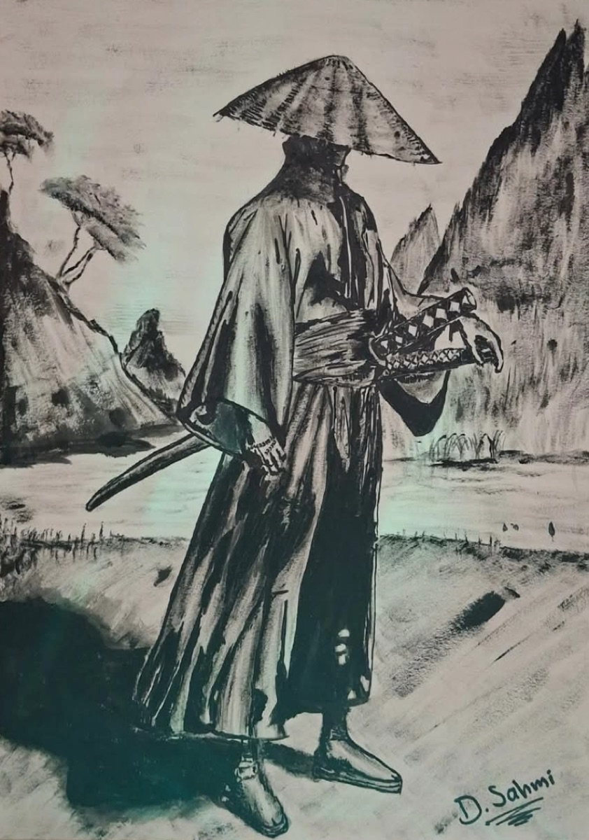 Inkttekening van een samurai met strohoed bij een rivier tussen de bergen